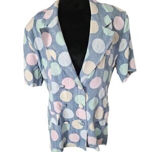 Parao USA Vintage Pastel Polka Dot Short Sleeve Blazer Jacket Chambray Size Med